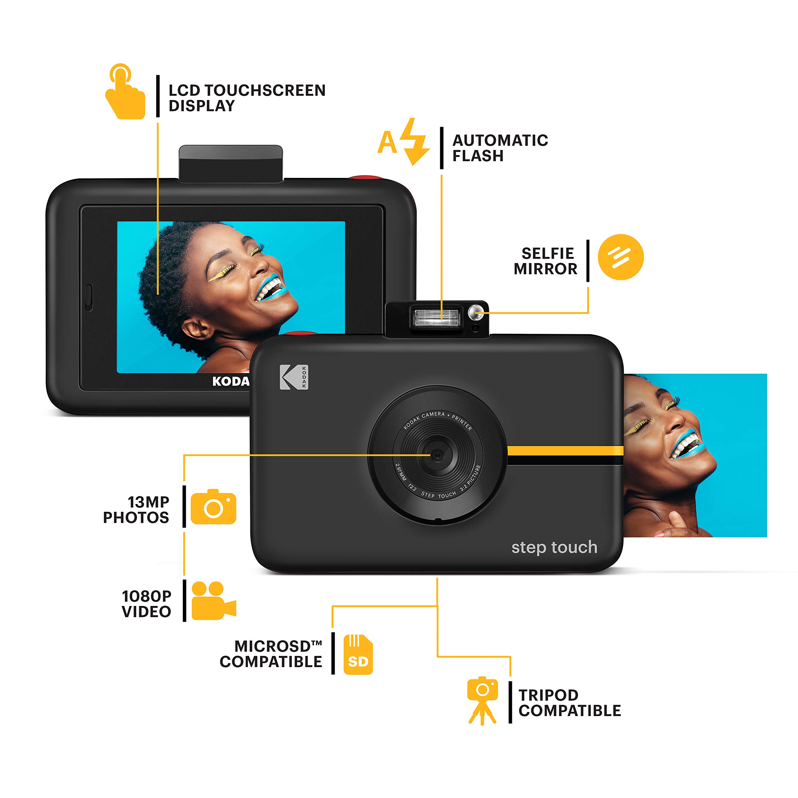 Kodak Step Touch Instant Camera with 3.5” LCD Touchscreen Display,13MP 1080p HD Video (Black) Starter Bundle