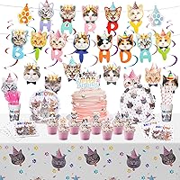 RAYNAG 90 Pieces Cat Birthday Party Supplies, Cat Theme Birthday Party Decorations for 10 Guests, Including Plates, Napkins, Cups, Straw, Forks, Table Cover, Cake Toppers, Cat Banners, Swirls