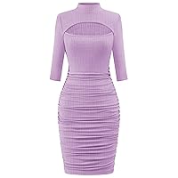 BeryLove Women Sexy Going Out Dresses Date Night Long Sleeve Ribbed Cut Out Front Ruched Bodycon Dress