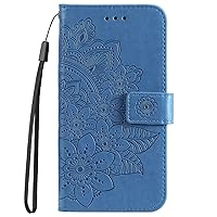 Wallet Case Compatible with Oppo Realme 8i, Embossed Flower Petal PU Leather Flip Folio Shockproof Cover for Realme 8i (Blue)