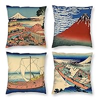 HOSTECCO Farmhouse Throw Pillow Covers 18x18 Inches Set of 4 Square Decorative Pillow Cases Hokusai Nature Painting Cushion Covers