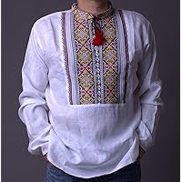 Vyshyvanka Mens Ukrainian Embroidered White Red Yellow Shirt Cross-Stitch hemstitch Handmade Linen Slavic Wedding Size L