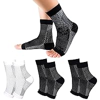 3 Pairs Neuropathy Socks for Women and Men, Soothe Socks for Neuropathy Pain, Toeless Compression Socks, Ankle Brace Plantar Fasciitis Relief(L/XL, Black/White )