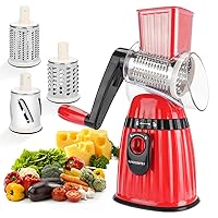 Rotary Cheese Grater,3 in 1 Multi-functional Mandoline Vegetable Shredder,Slicer, 3 Drum Blades in Set (Red-upgrade Suction)