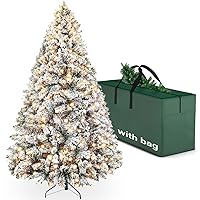 6.5ft Snow Flocked Artificial Christmas Pine Tree, Pre-Lit Artificial Christmas Tree with Warm White Lights for Home, Party Decoration, Metal Hinges & Base