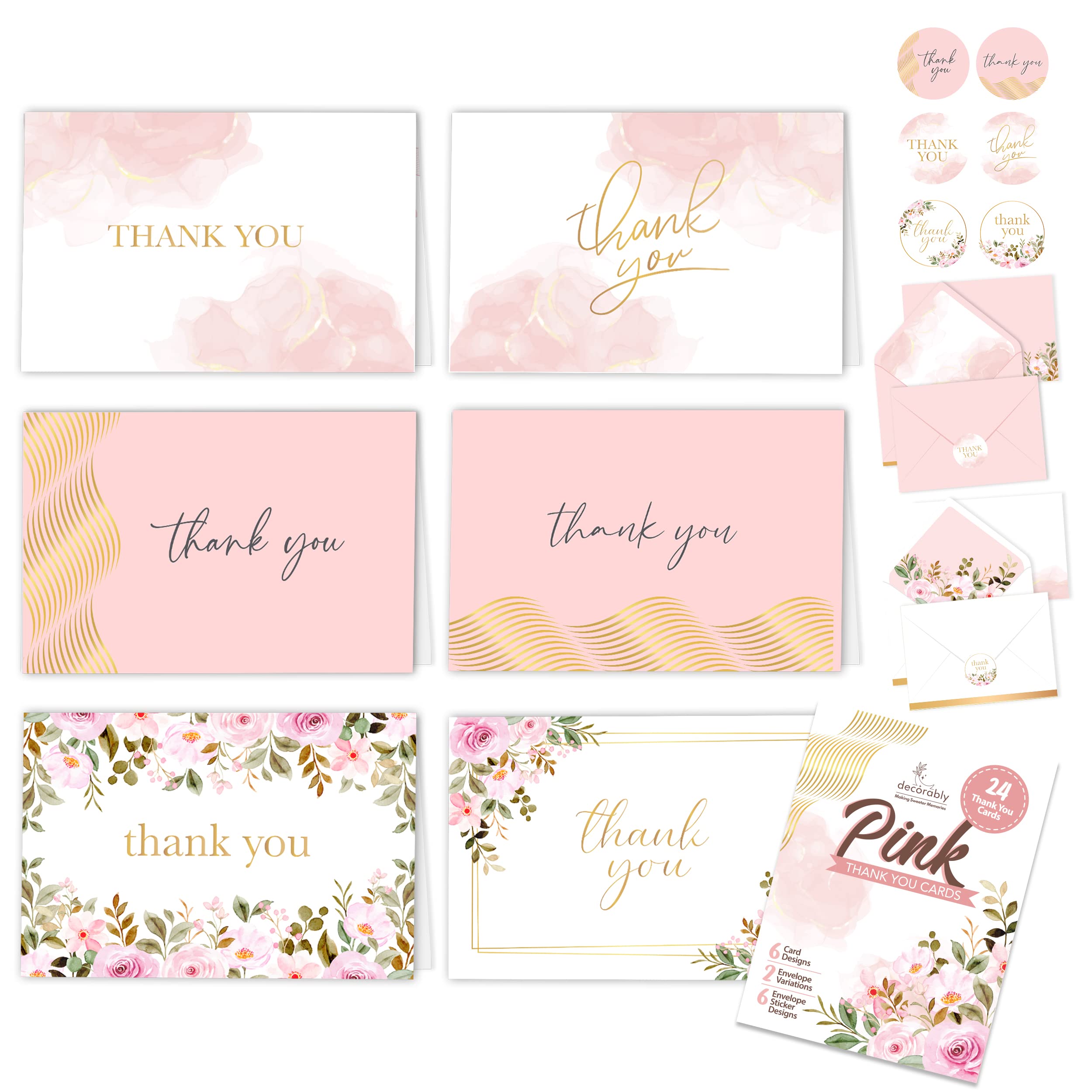 24 Gold-Foiled Pink Thank You Cards with Envelopes - 6 Designs Thank You Cards Pink and Gold, Pink Flower Thank You Cards for Baby Shower Thank You Cards Girl, Floral Thank You Cards with Envelopes