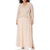 J Kara Women's Plus Size 3/4 Sleeve V-Neck Beaded Faux Wrap Long Dress, Blush/Silver, 20W