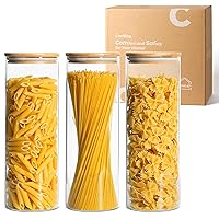 ComSaf Glass Spaghetti Pasta Storage Container with Lids 70oz Set of 3, Tall Clear Airtight Food Storage Jar with Bamboo Cover Kitchen Pantry Storage Container for Noodles Flour Cereal Coffee Beans