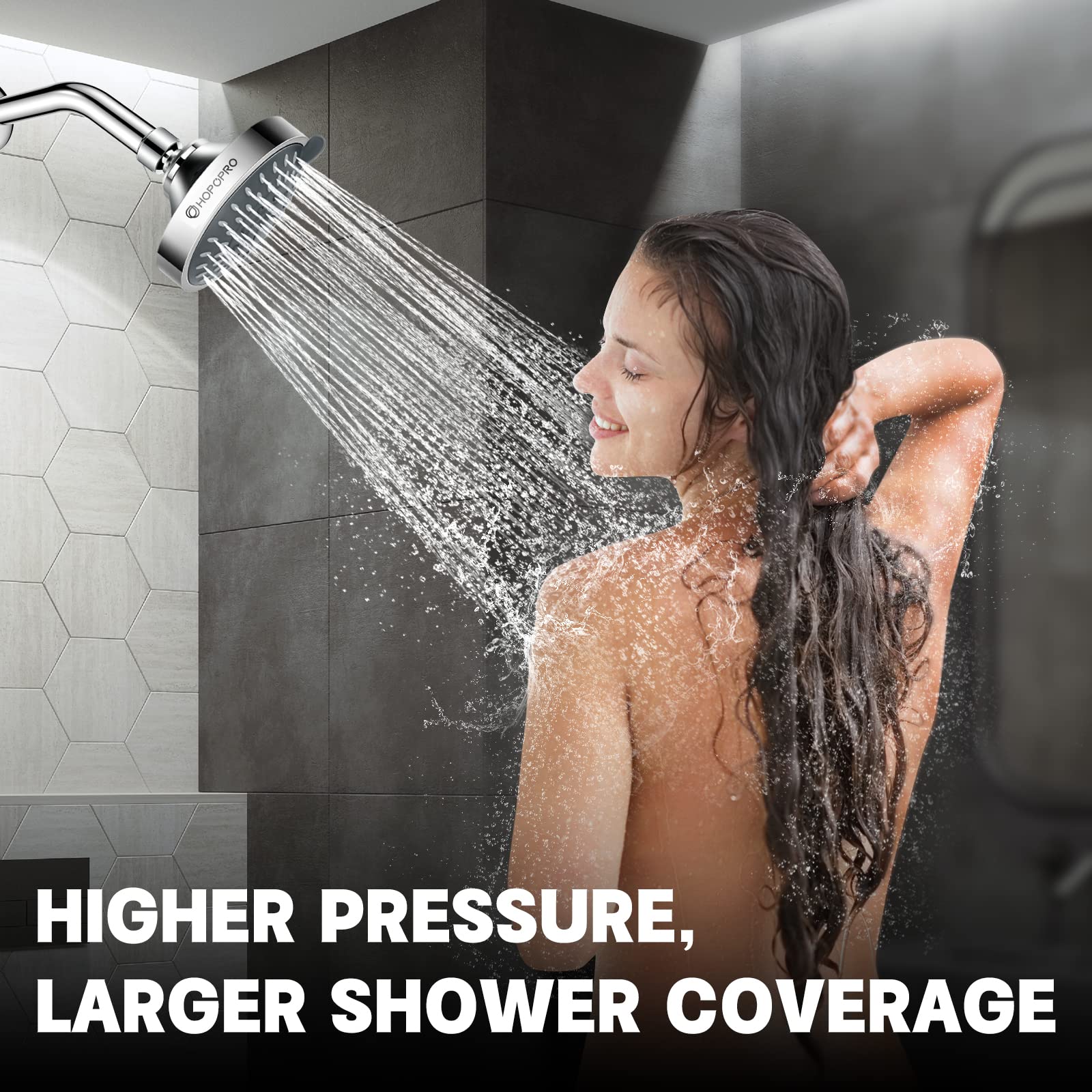 HOPOPRO 5 Modes High Pressure Shower Head 4.1 Inch High Flow Fixed Showerheads Bathroom Showerhead for Luxury Shower Experience Tool-less 1-Min Installation