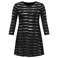 Womens 3/4 Sleeve Lurex Sparkle Sequin Flared Swing Dress Ladies Party Dress