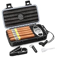 Flauno Travel Cigar Humidor Case - Portable Cigar Box kit with Humidifier Disc, Cigar Cutter, Cigar Punch, Cigar Holder & Dropper, Waterproof, Crushproof, Airtight (Holds up to 5 Cigars)