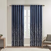 Andora Embroidered Back Tab Fabric Single Window Living Room, Transitional Rod Pocket Light Curtain for Bedroom, 1-Panel Pack, 50 x 95, Navy
