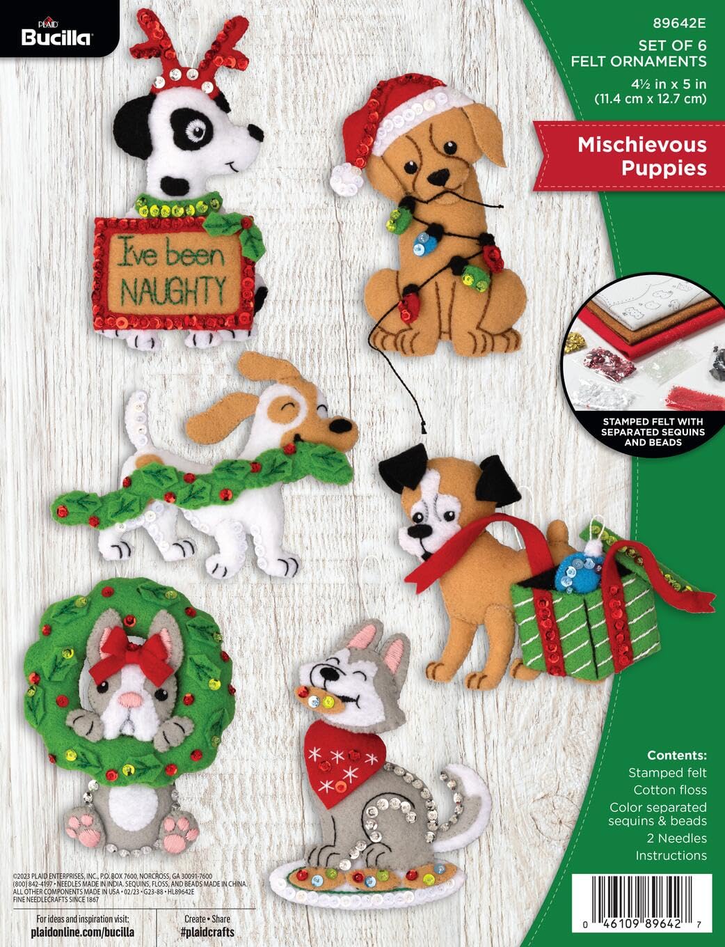 Bucilla, Mischievous Puppies, Felt Applique 6 Piece Ornament Making Kit, Perfect for Holiday DIY Arts and Crafts, 89642E