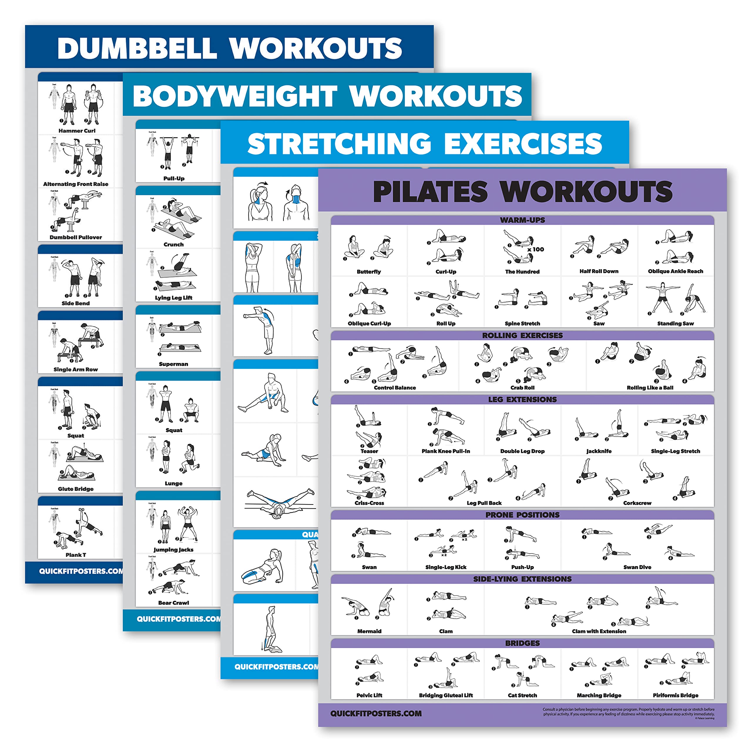 Palace Learning 4 Pack - Dumbbell Workouts + Bodyweight Workouts + Stretching Exercises + Pilates - Set of 4 Workout Charts (18” x 24”, LAMINATED)