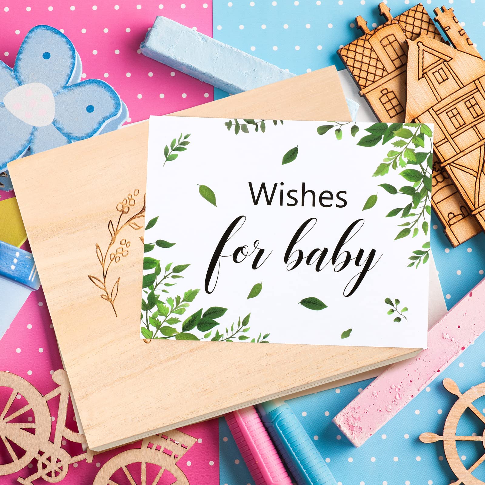 Set of 50 Botanical Baby Shower Advice Cards and Wooden Keepsake Box, Greenery Baby Advice Cards for Baby Shower Double Sided Advice and Wishes Cards for Boys Girls Baby Showers Wedding Gender Reveal