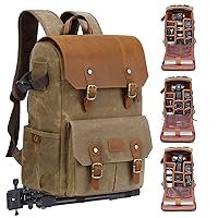 Camera Backpack - Weather Resistant 16 Ounces Waxed Memory Canvas – DSLR SLR Backpacks with 15.6” laptop sleeve compartment and Tripod Holder for Photographers -Vintage leather Style (Khaki)