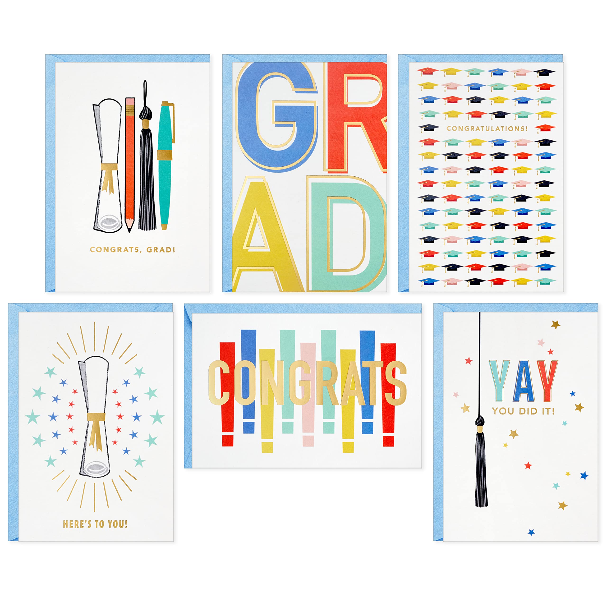 Hallmark Graduation Cards Assortment, Colorful Congrats (36 Cards and Envelopes, 6 Designs)