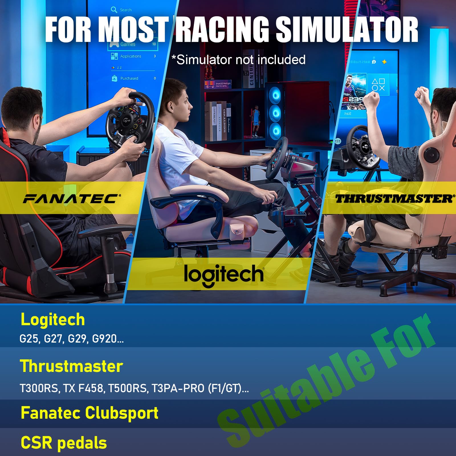 GTPLAYER sim racing simulator cockpit wheel stand Racing Steering Shifter Mount fit for Logitech G25 G27 G29 G920 Thrustmaster T330TS Gaming Stand Wheel Pedals NOT Included, Black