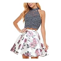 Womens Gray Lace Glitter Zippered Floral Sleeveless Halter Short Party Fit + Flare Dress Juniors 1