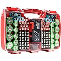 Battery Organizer Storage Case with Tester, Holds 180 Batteries, Clear Hinged Cover, Locking Lid - For AA, AAA, C, D and More