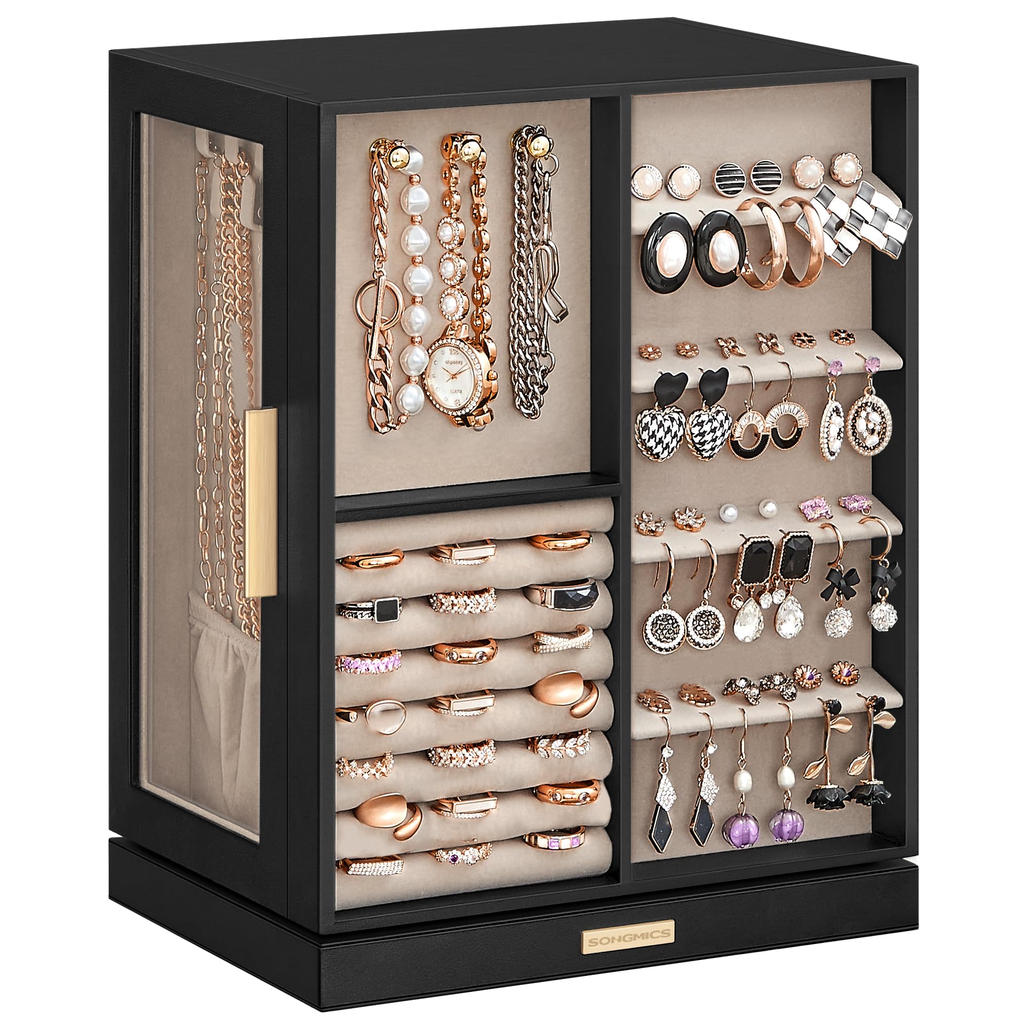 SONGMICS Jewelry Box 360° Rotating, Jewelry Storage Case with 5 Drawers, Jewelry Organizer, Glass Window, Spacious, Vertical Jewelry Storage, Open Design, Christmas Gifts, Graphite Black UJBC170B01