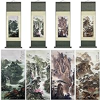 4 Pcs Asian Wall Decor Silk Scroll Painting Waterfall River Landscape Painting - Mountain Spring Autumn Color Oriental Decor Chinese Art Wall Scroll Hanging Painting Scroll
