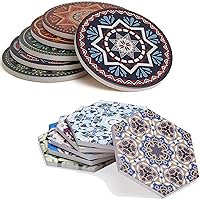 Absorbent Coasters Duo Bundle - 6 Mandalas Plus Hexagonal Moroccan Mosaic Styles - Large Ceramic Stone Coaster with Cork Backing Protect Table from Stain & Spill