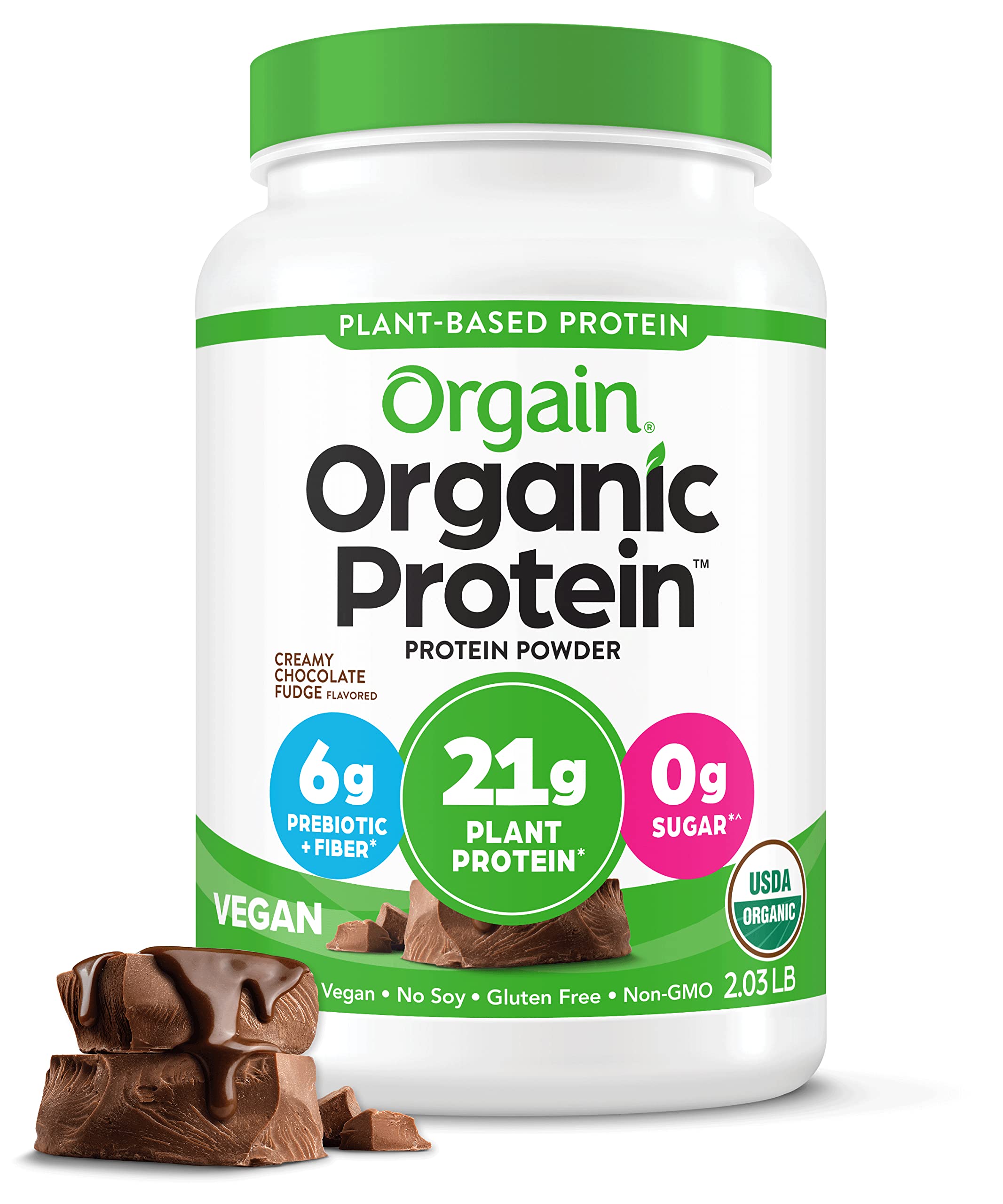 Orgain Organic Vegan Protein Powder, Creamy Chocolate Fudge - 21g Plant Based Protein, Gluten Free, Dairy Free, Lactose Free, Soy Free, No Sugar Added, Kosher, For Smoothies & Shakes - 2.03lb