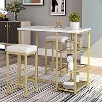 Dining Table Faux Marble Countertop and 2 Padded Stools,3-Piece Modern Pub Set with 3 Storage Shelves for Living Room,Restaurant,Bar,White+Gold