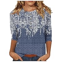 Womens Tops Dressy Casual,3/4 Sleeve Tops for Women Retro Print Button Top Graphic Tees for Women