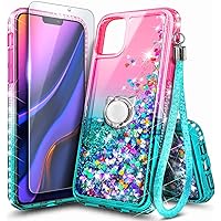 NGB Compatible with iPhone 11 Case with Tempered Glass Screen Protector, Ring Holder/Wrist Strap, Girls Women Liquid Bling Sparkle Floating Glitter Cute Phone Case (Pink/Aqua)