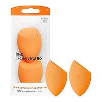 Real Techniques Miracle Complexion Sponge Duo, Makeup Blender Sponge For Foundation, Offers Light To Medium Coverage, Natural, Dewy Base Makeup, Orange Sponge, Latex-Free Foam, 2 Count
