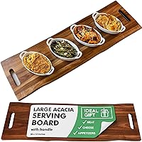 Large Acacia Serving Board with Handles, 36 x 12 Inch Rectangular Charcuterie Platter, Natural Wood Server for Meat, Cheese Board, and Party Appetizers, Extra Long 3ft