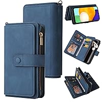 XYX Wallet Case for OnePlus Nord N30 5G, Solid Color PU Leather Flip Wallet Zipper Purse Case 15 Card Slots with Wrist Strap, Blue