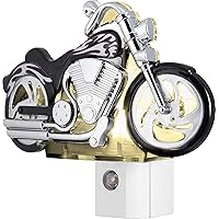 GE LED Motorcycle Night Light, Plug-In, Dusk-to-Dawn Sensor, Auto On/Off, Energy-Efficient, Soft White, Flames & Chrome Design, Ideal for Bedroom, Playroom, Bathroom, & More, Black/Silver, 10904