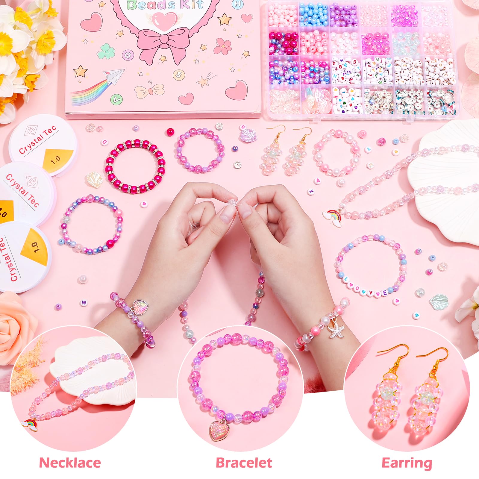 Qinzave 1074PCS Mermaid Bracelet Making Kit for Girls with Letter Beads,  Bracelet Making Kit for Girls with Assorted Sizes 6mm 8mm, Mermaid Charm  DIY