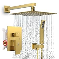 SR SUN RISE Shower Faucets Sets Complete Brushed Gold Square Rain Shower Head with Handheld Spray All Metal Shower Faucet Trim Repair Kits (Contain Shower Valve)