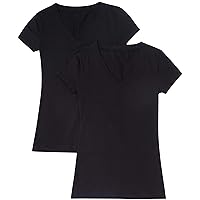 2 Pack Zenana Women's Basic V-Neck T-Shirts Med Black, Black