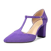 Mettesally Women's T-Strap Heels High Chunky Block Heel Ankle Strap Cut Out Closed Pointed Toe Pumps Party Dress Shoes