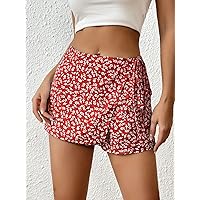 Women's Shorts Ditsy Floral Print Knot Side Wrap Hem Skort Shorts for Women (Color : Red, Size : XX-Small)