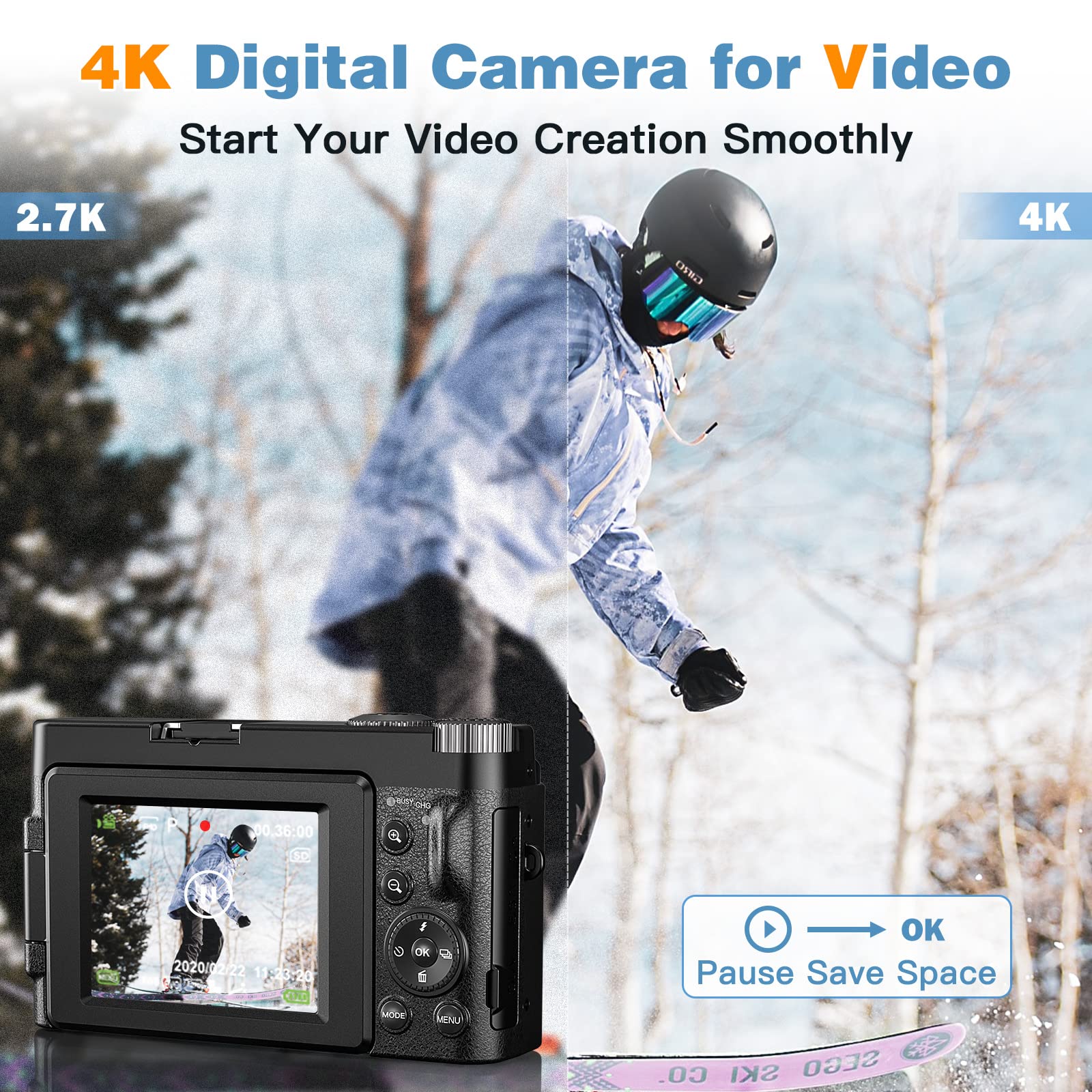 4K Digital Camera for Photography and Video Autofocus Anti-Shake, 48MP Vlogging Camera with SD Card, 3'' 180° Flip Screen Compact Camera with Flash, 16X Digital Zoom Travel Camera (2 Batteries)