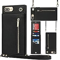 XYX Wallet Case for iPhone 7 Plus, Crossbody Strap PU Leather Zipper Pocket Phone Case Women Girl with Card Holder Adjustable Lanyard for iPhone 7 Plus/iPhone 8 Plus, Black