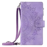 XYX Wallet Case for Samsung A35 5G, Crossbody Chain Zipper Pocket Wrist Totem Flowers Pu Leather Phone Case Kickstand with 8 Card Slots for Galaxy A35 5G, Purple