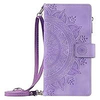 XYX Wallet Case for Motorola Moto G Play 2024, Crossbody Chain Zipper Pocket Wrist Totem Flowers Pu Leather Phone Case Kickstand with 8 Card Slots, Purple