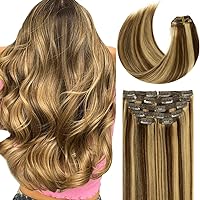 Lacer Hair 22 Inch Clip in Hair Extensions Real Human Hair Color Light Golden Brown Highlight Chocolate Brown P#4/12 Natural Remy Hair Lace Clip in Extensions Thick 7 pcs 140G