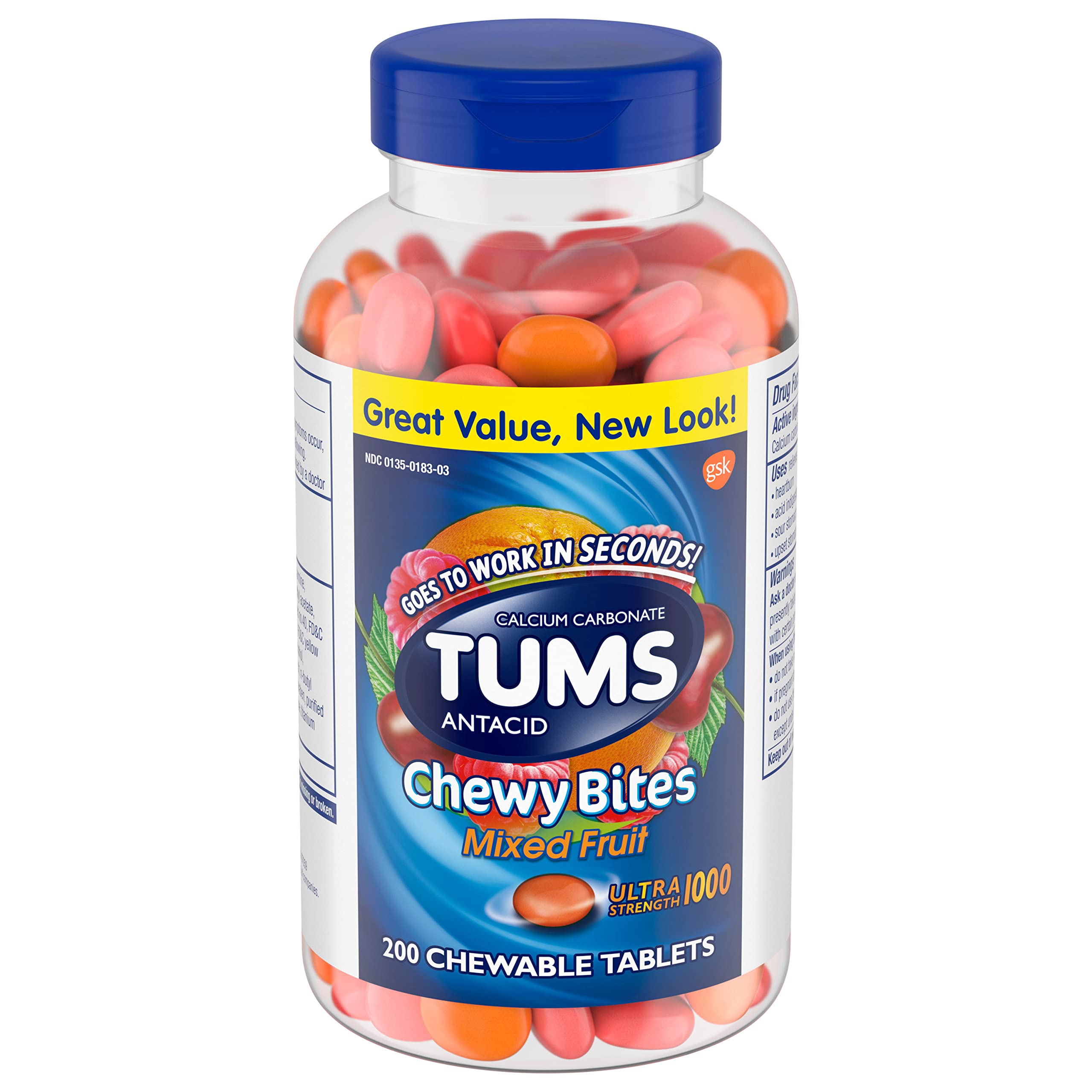 TUMS Chewable Bites Ultra Strength Antacid Tablets for Heartburn Relief and Acid Reducer Indigestion Relief, Mixed Fruit, 200 Count