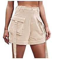 Women's Casual Cargo Shorts 2024 Summer Solid Color High Waist Elastic Belt Button Pocket Loose Wide Leg Short Pants
