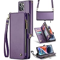 ASAPDOS iPhone 14 Plus Case Wallet,Retro Suede PU Leather Strap and Crossbody Wristlet Flip Case with Magnetic Closure,[RFID Blocking] Card Holder and Kickstand for Men Women(Purple)