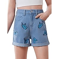 WDIRARA Girl's Butterfly Print High Waisted Button Casual Denim Shorts with Pockets