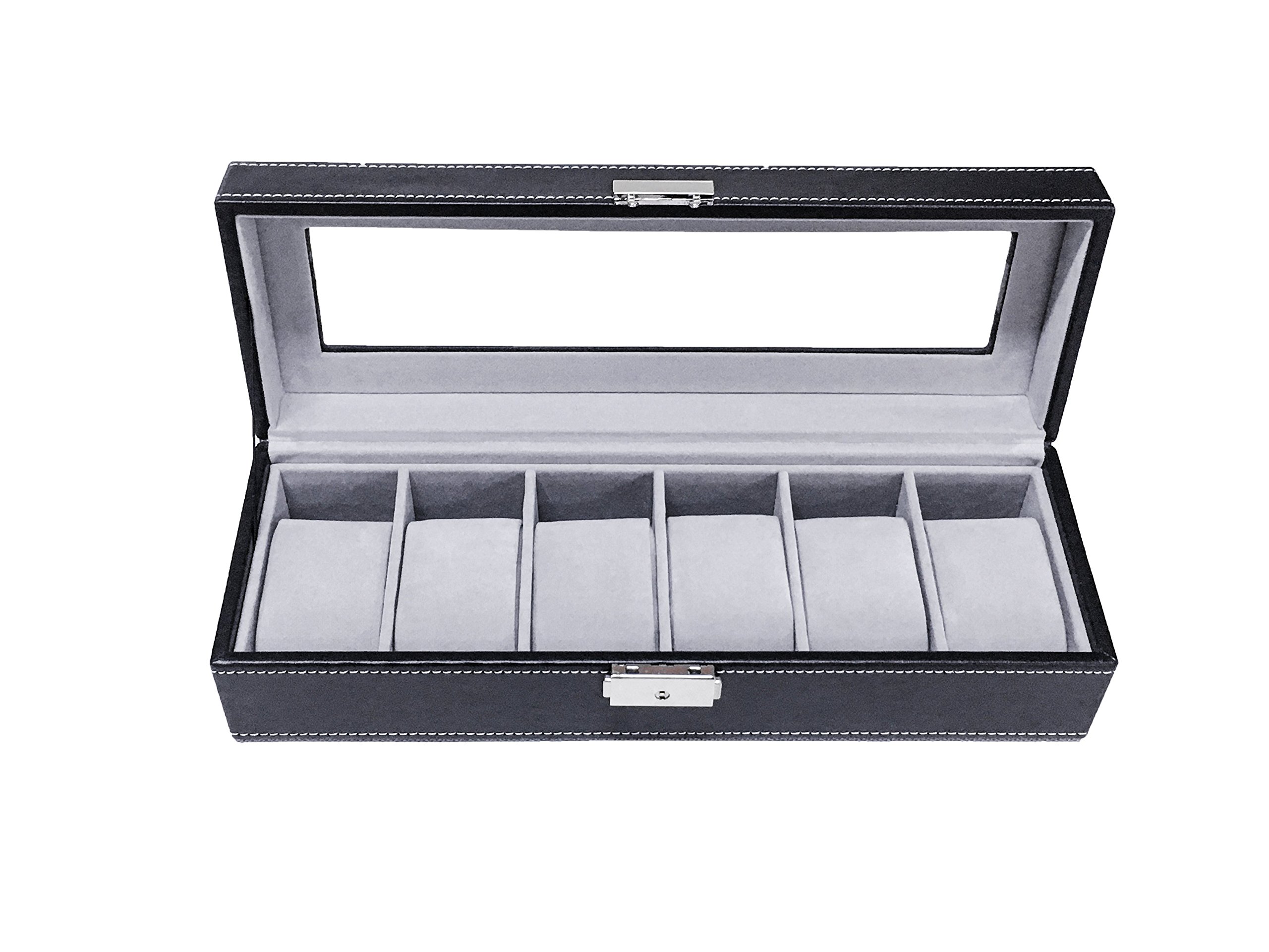 Sodynee® Watch Box Large 6 Mens Black Pu Leather Display Glass Top Jewelry Case Organizer